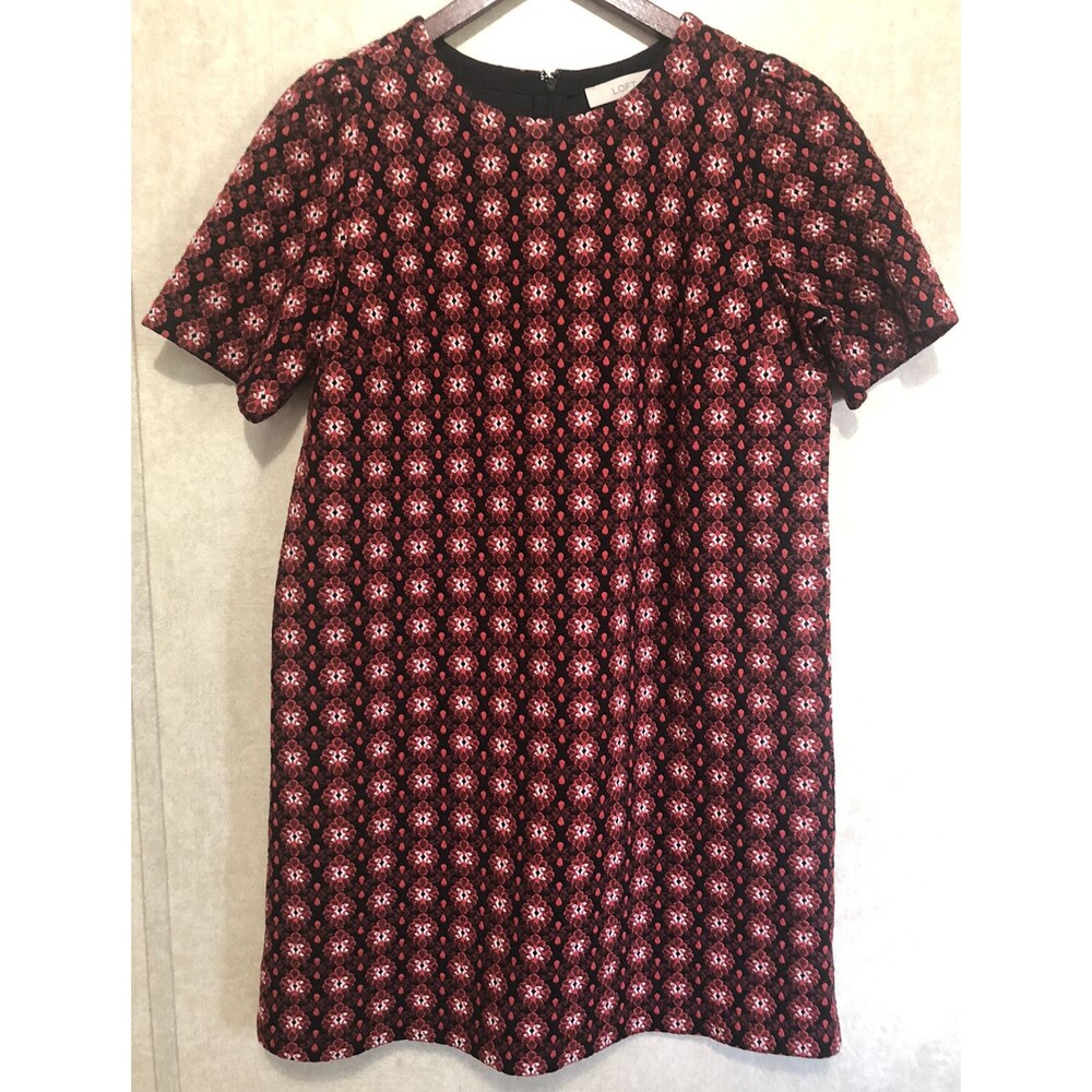 Ann Taylor LOFT Red Black White Geometric Floral Tunic Dress L EUC *see descript